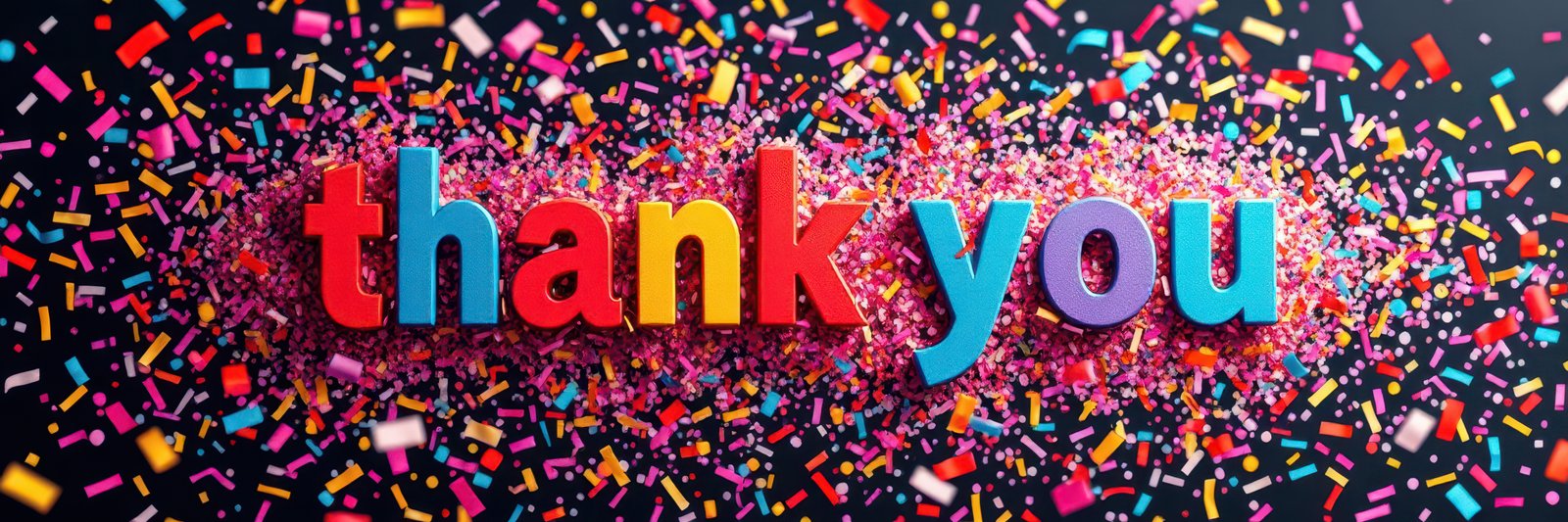 Bright thank you message surrounded by colorful confetti on a dark background for celebration or gratitude moments